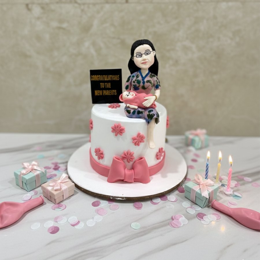 New Parents Baby Shower Cake with Fondant Mom & Baby Figurine
