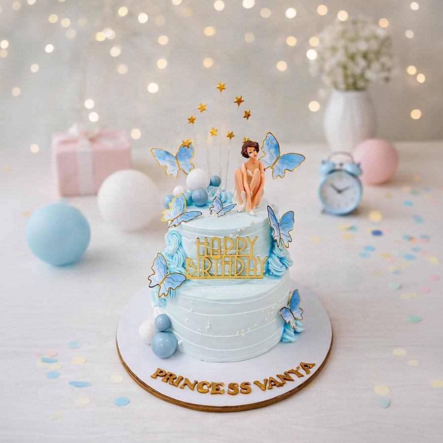 Two-Tier Blue Butterfly Princess Birthday Cake