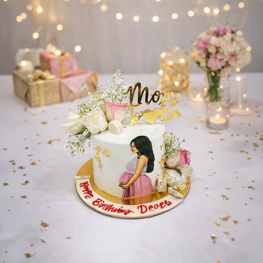 Elegant "Mom-to-Be" Floral Pregnancy Cake