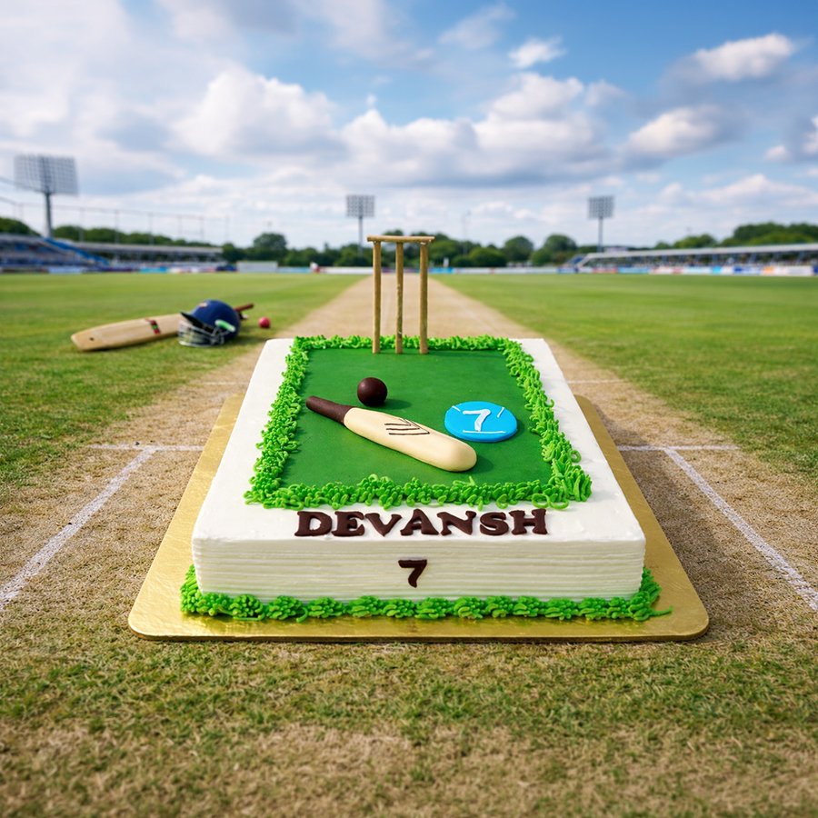Cricket Stadium Theme Cake with Bat & Wickets