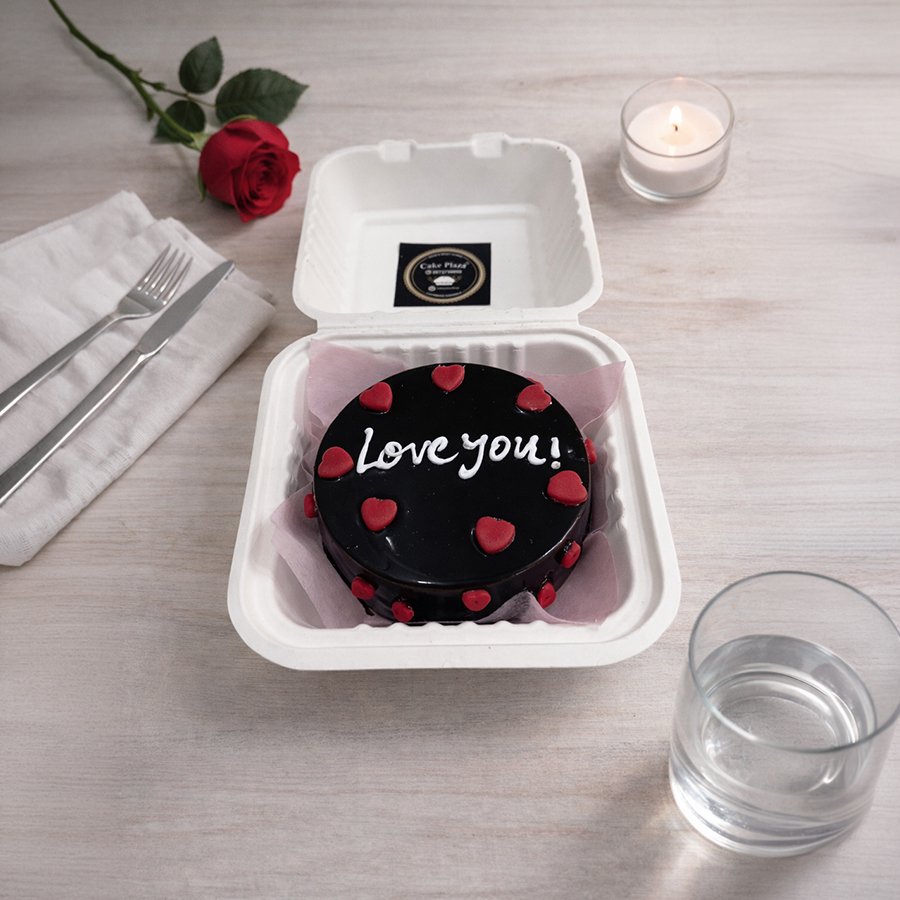 Dark Chocolate "Love You" Bento Cake with Red Hearts