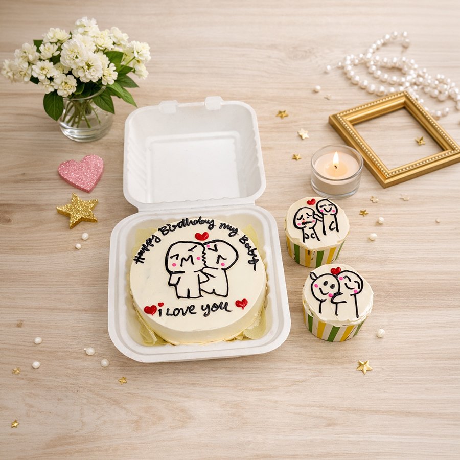 Minimalist "I Love You" Bento Cake & Cupcakes