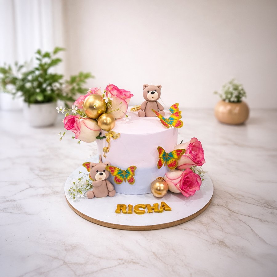 Richa’s Floral Butterfly & Teddy Bear Cake