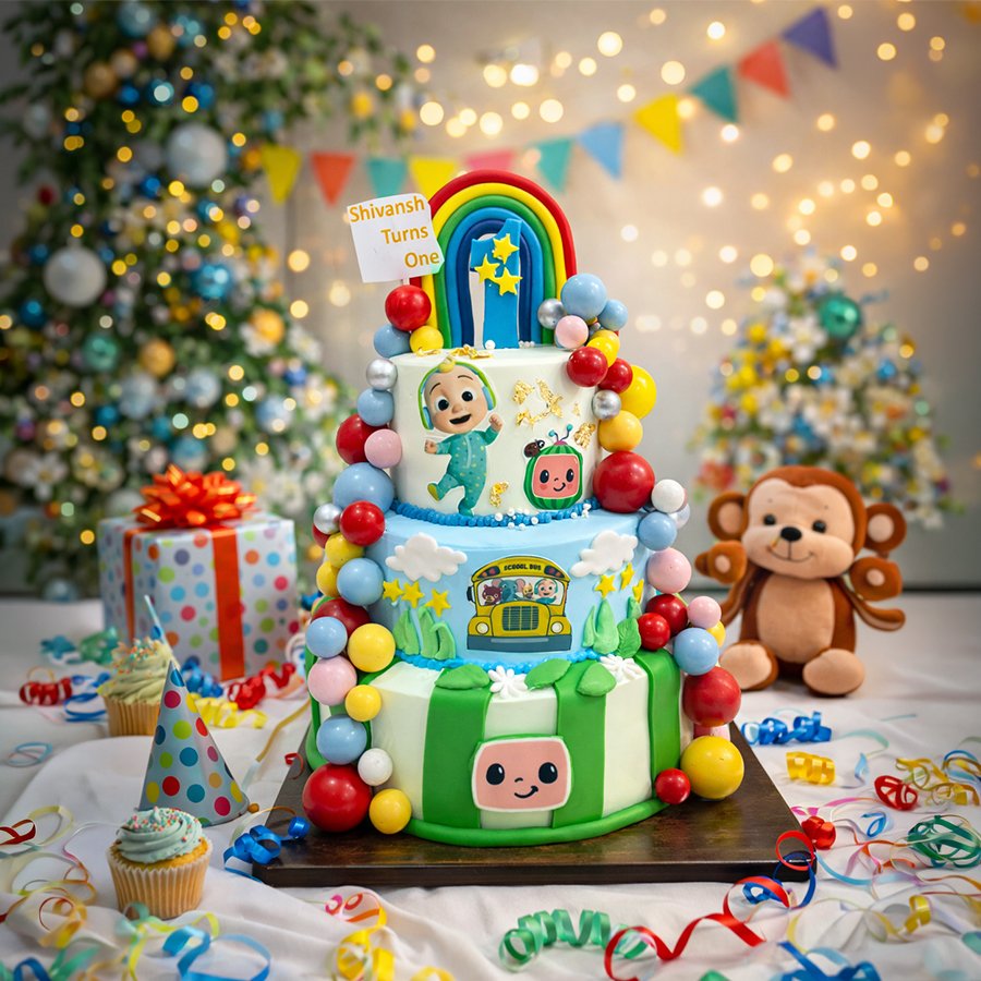 Deluxe 3-Tier Cocomelon Birthday Cake