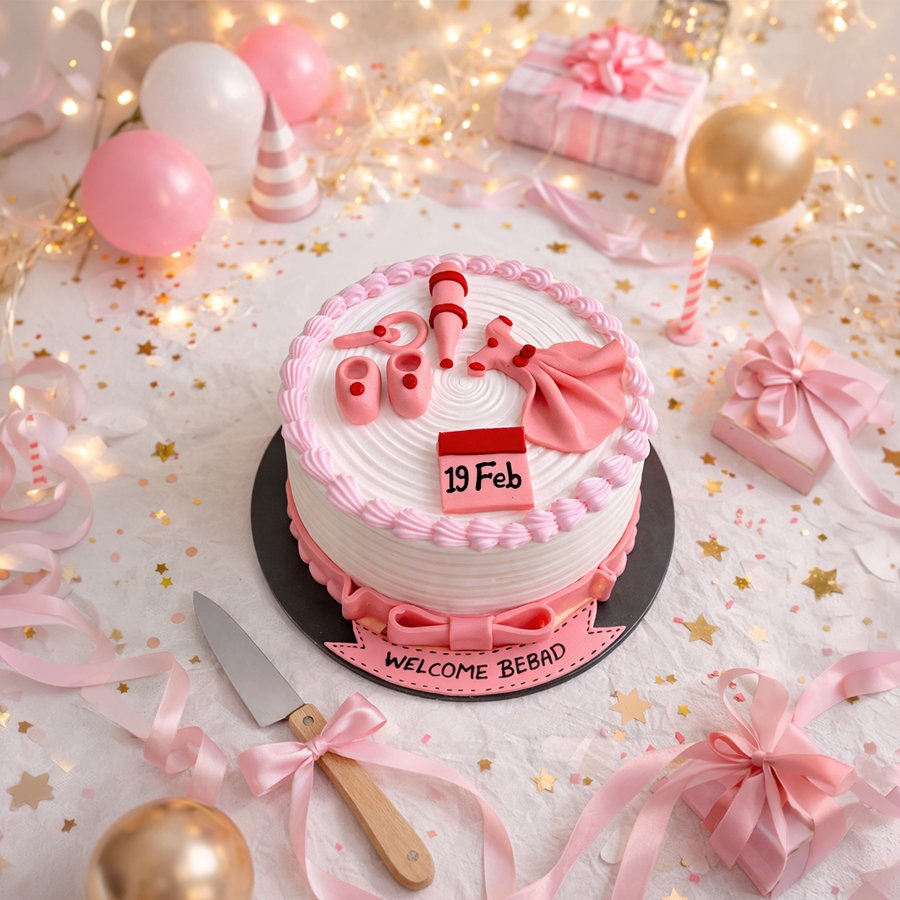 Pink & White "Welcome Bebad" Baby Shower Cake