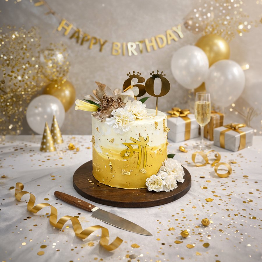Elegant Gold & White 60th Birthday Cake for Mom