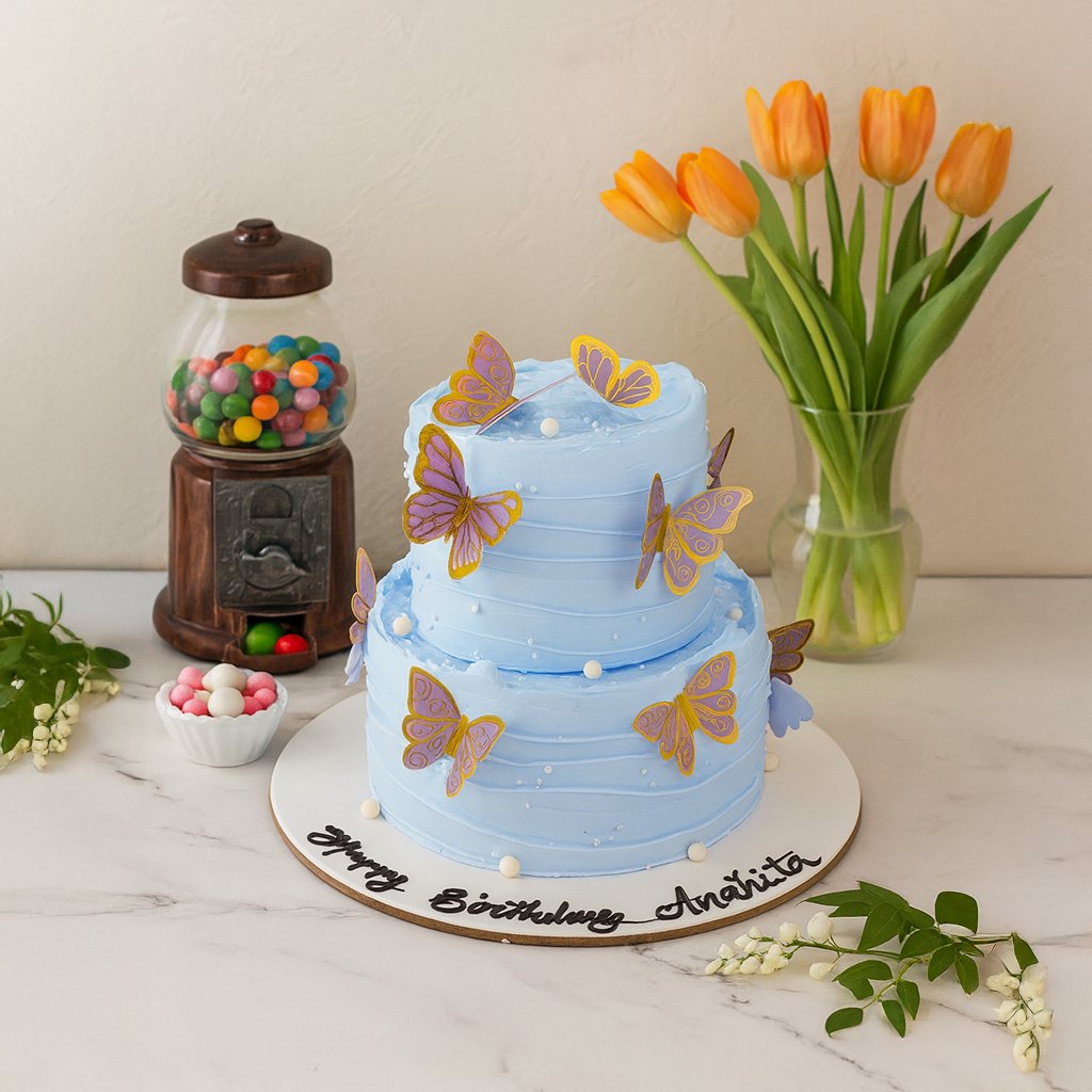 Elegant Pink & White Butterfly Two-Tier Birthday Cake