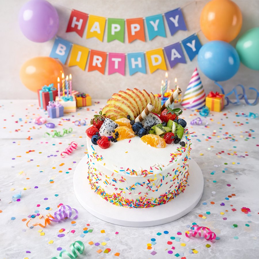 Exotic Fresh Fruit Rainbow Sprinkle Cake