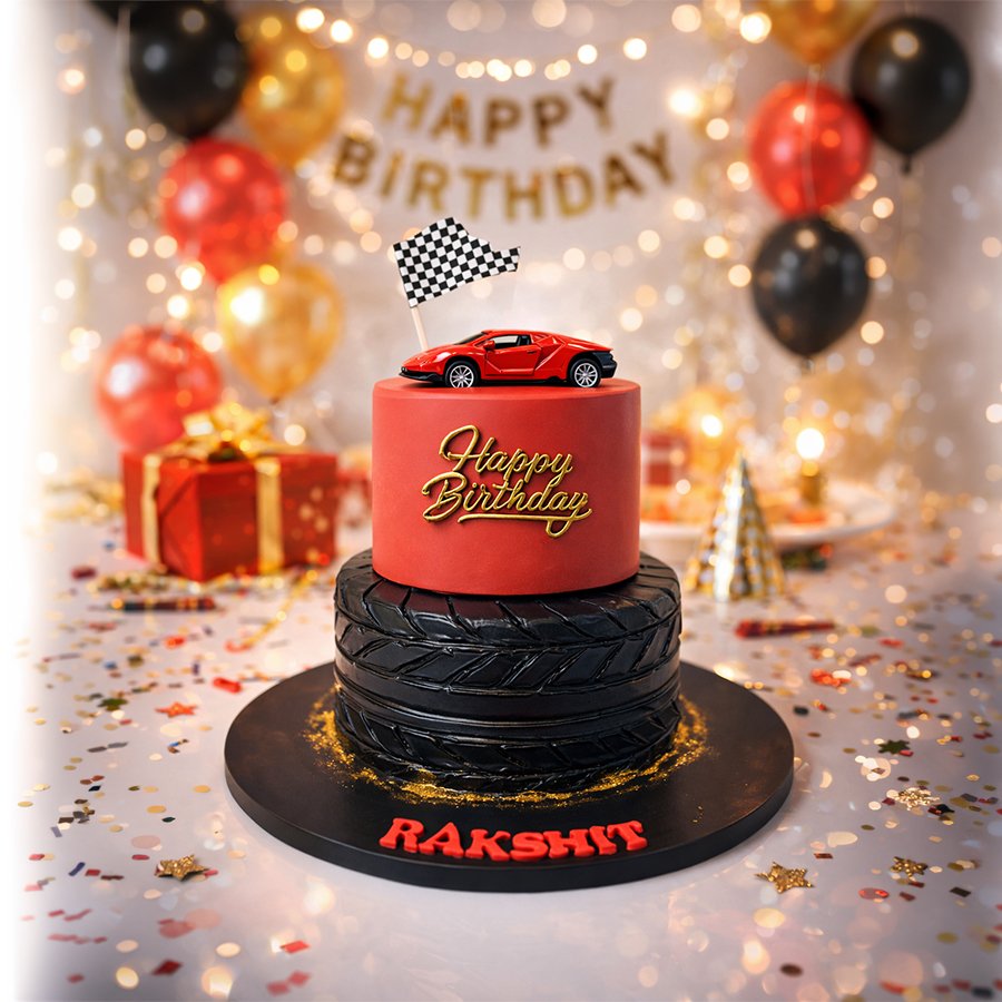 Rakshit’s Grand Prix Red Racing & Tire Tiered Cake