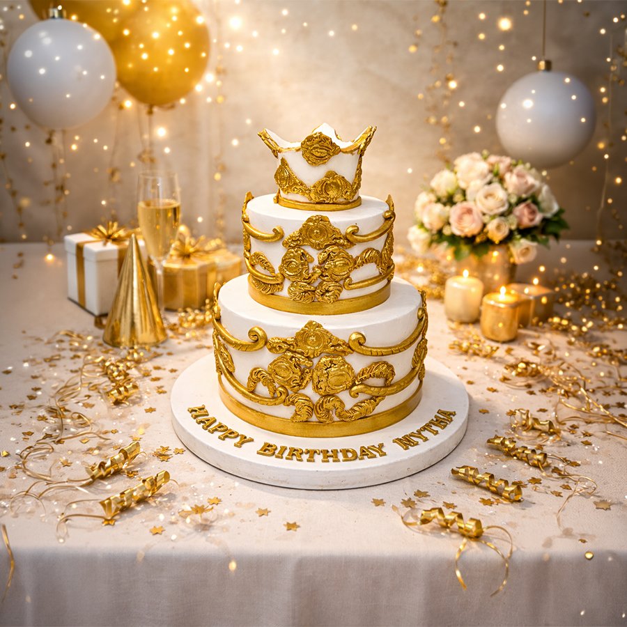 Mytha’s Golden Regal Crown Three-Tier Birthday Cake