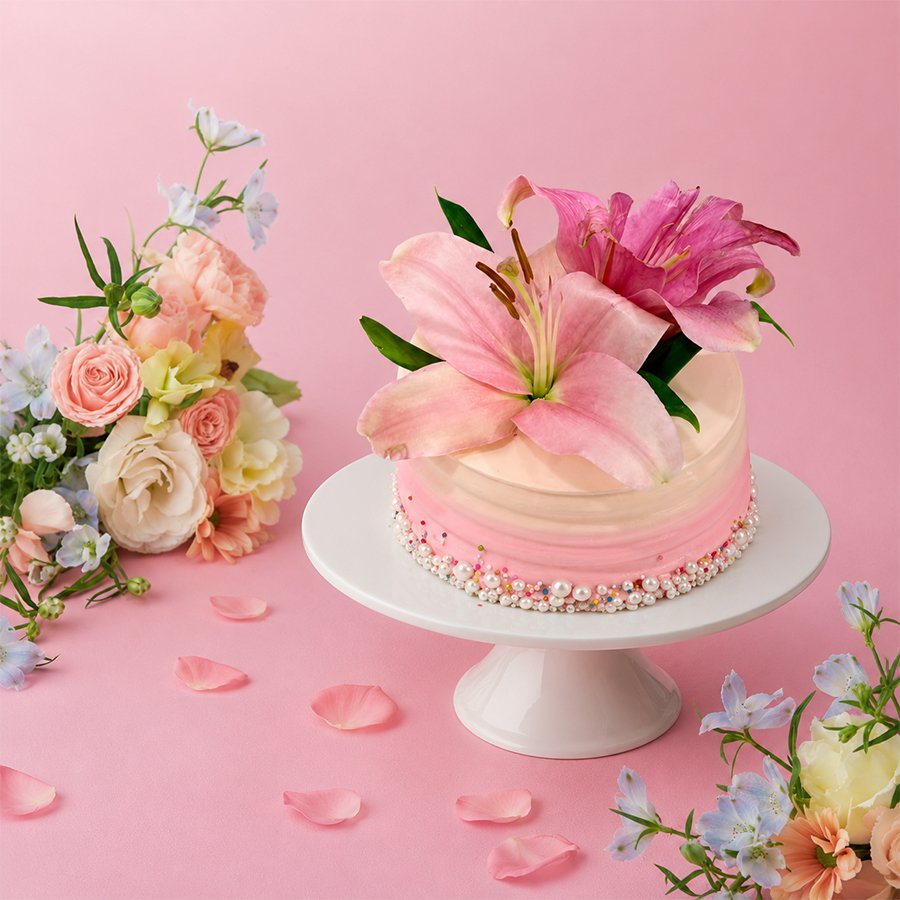 Elegant Pink Lily & Pearl Cake