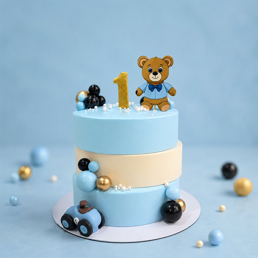 Blue Teddy Bear & Toy Car 1st Birthday Cake