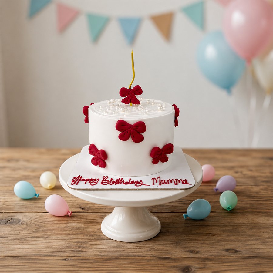 Elegant Red Bow & Pearl Birthday Cake