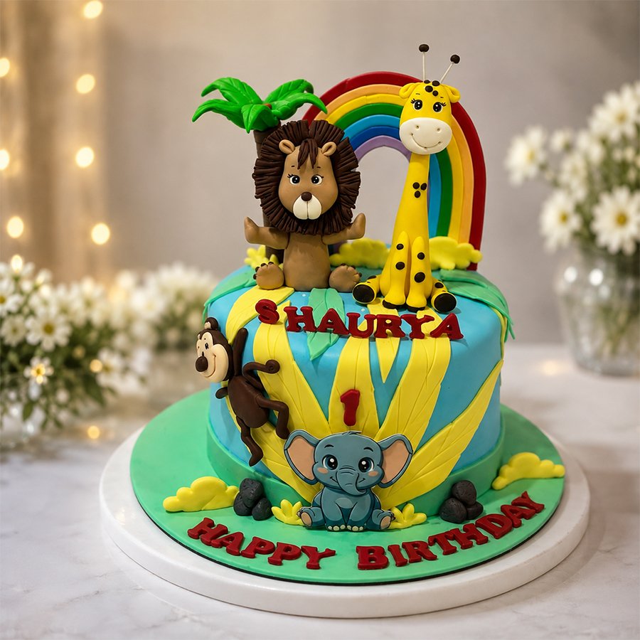 Whimsical Jungle Safari & Rainbow 1st Birthday Cake