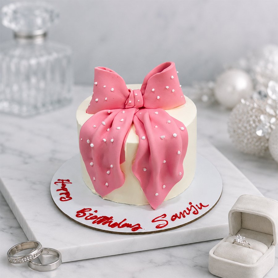Delicate Pink Coquette Fondant Bow Birthday Cake