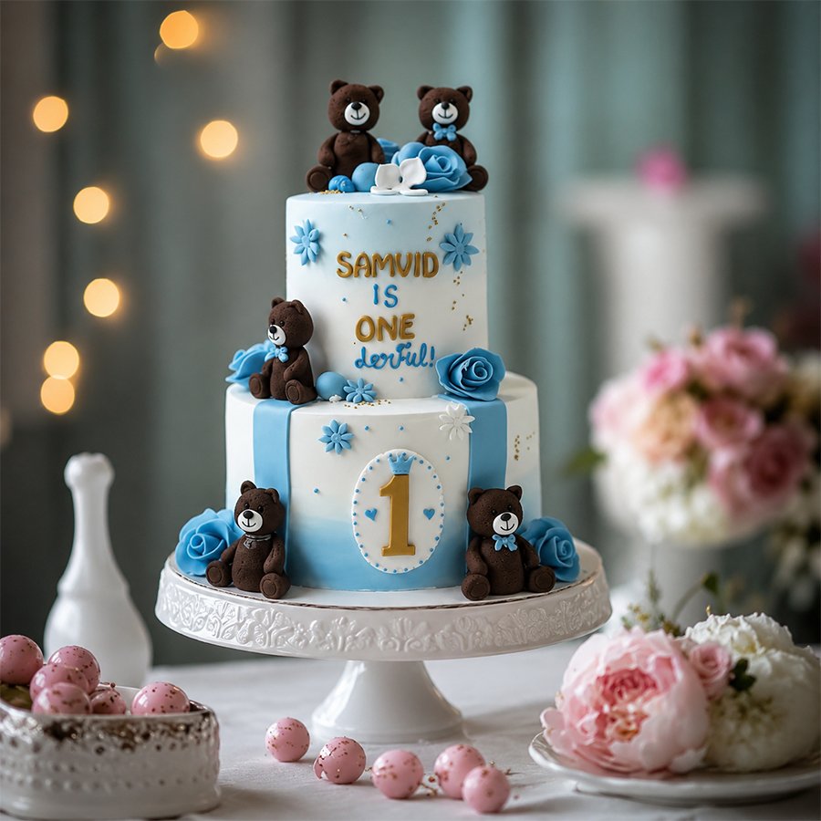 Two-Tier Blue & White Teddy Bear 1st Birthday Cake