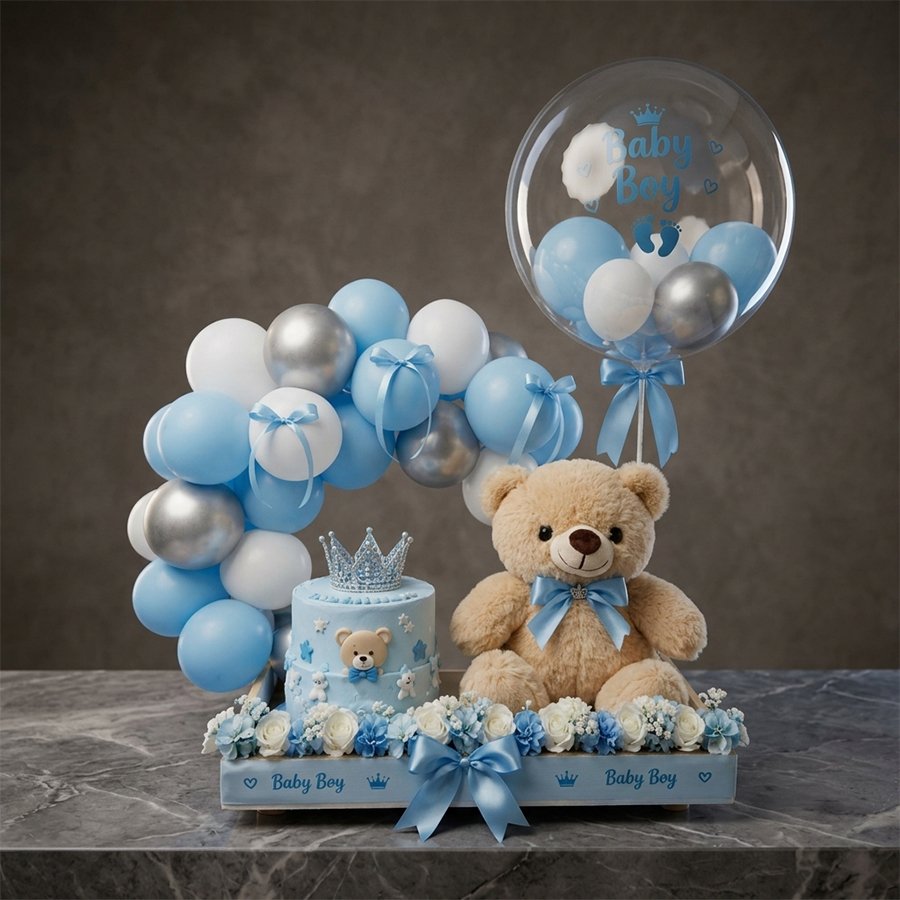 Royal Blue "Baby Boy" Welcome Hamper with Teddy & Crown Cake