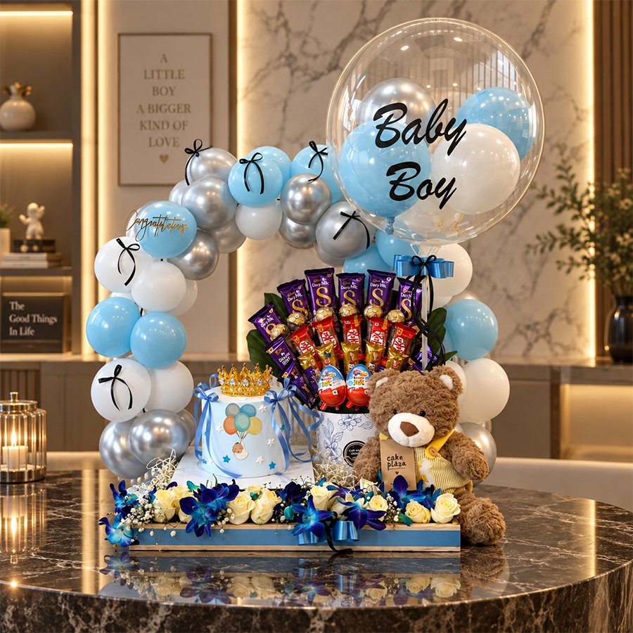 Majestic Blue Orchid Baby Boy Cake & Chocolate Hamper