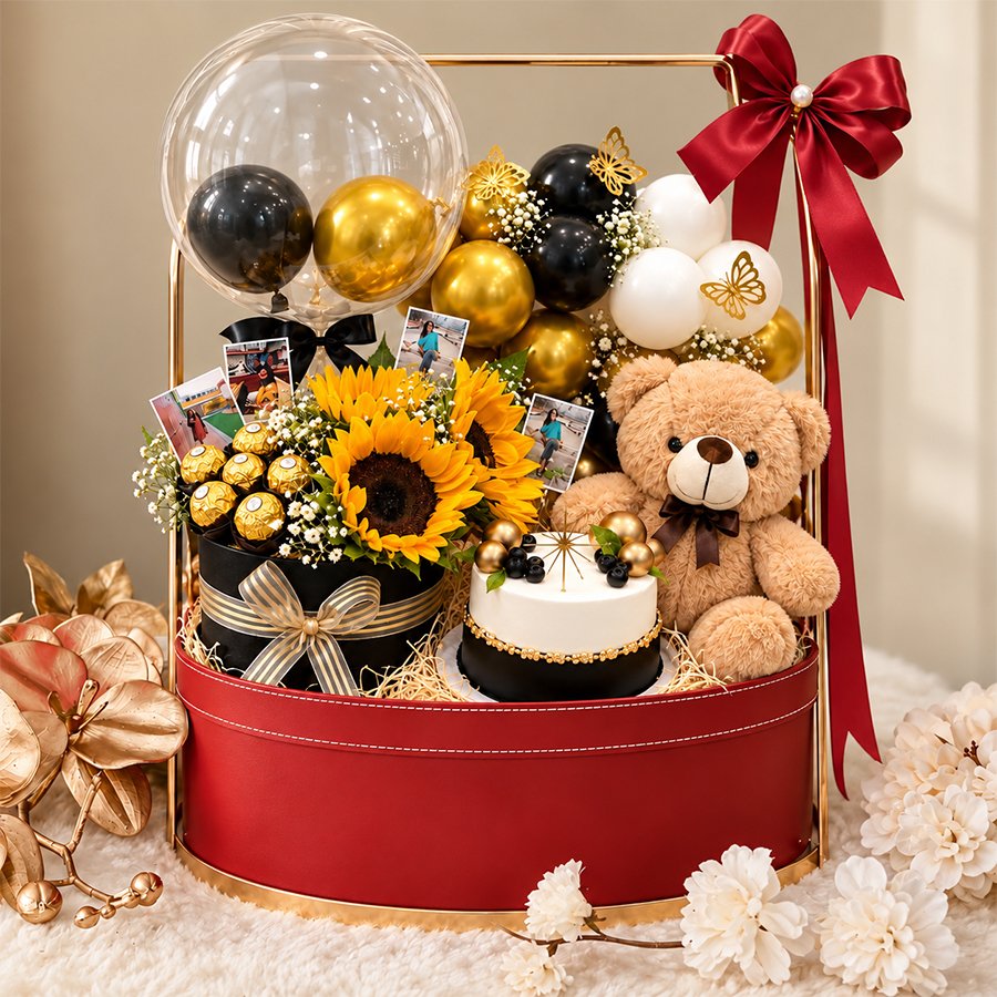 Golden Grandeur Sunflower, Chocolate & Teddy Gift Box