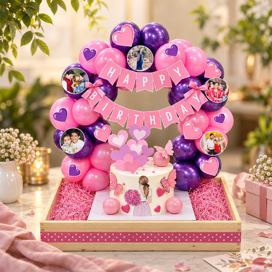 Pink & Purple Dream Custom Birthday Setup with Cake