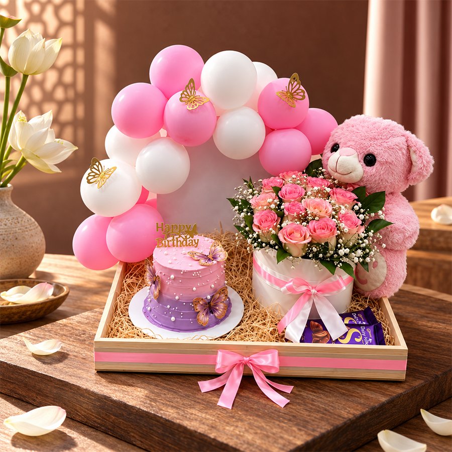 Pink Bliss Birthday Teddy, Cake & Floral Hamper