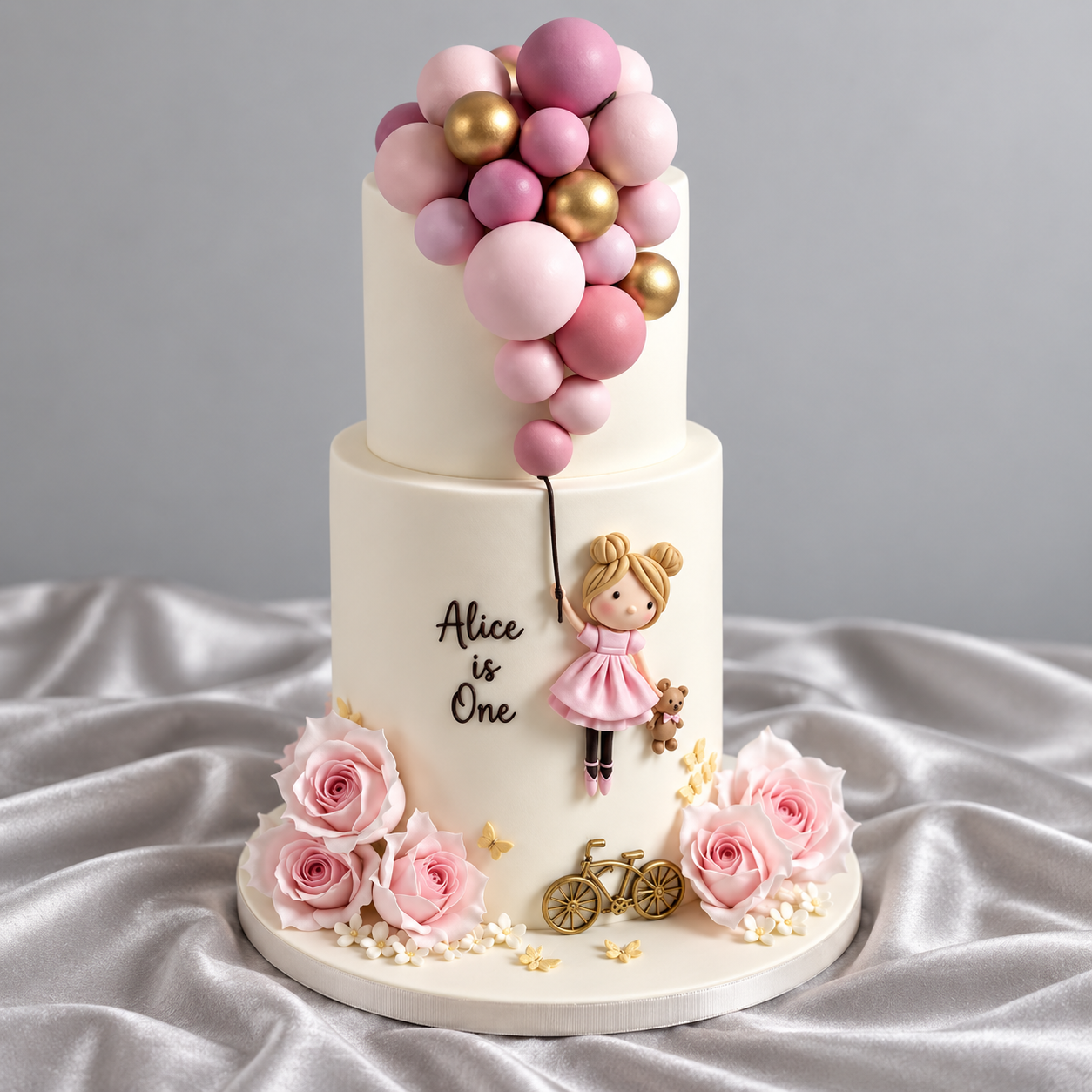 Whimsical Pink Balloon & Bear First Birthday Tiered Cake
