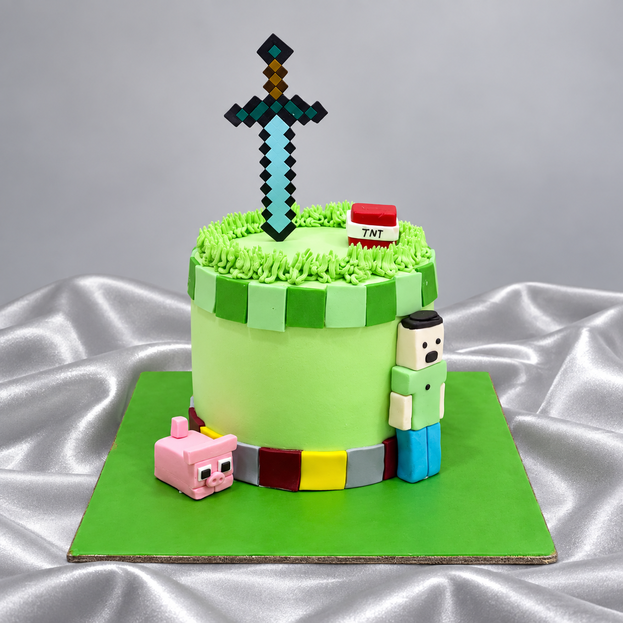 Epic Gamer Pixel Grass Block Birthday Cake