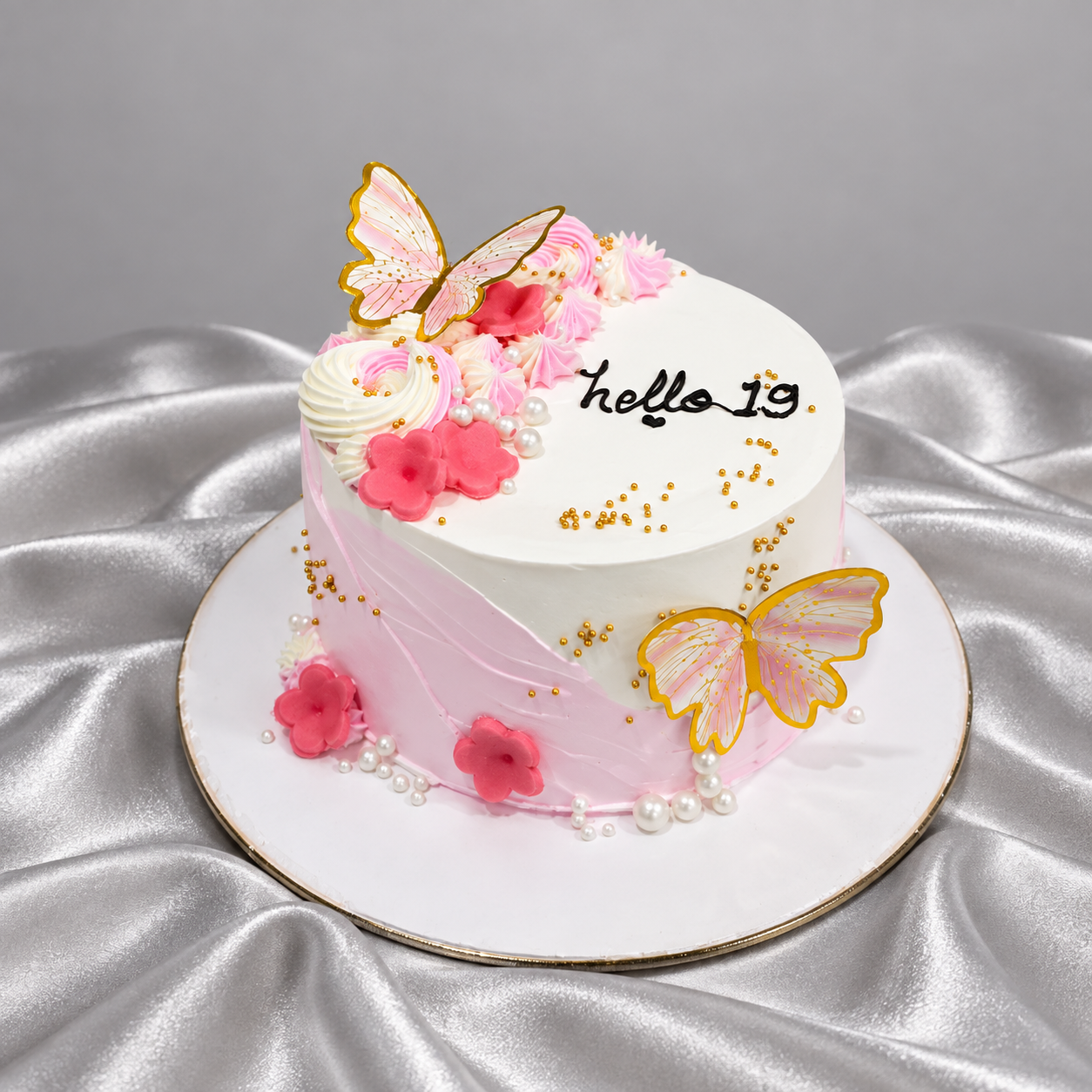 Chic Pink Floral & Butterfly 19th Birthday Cake