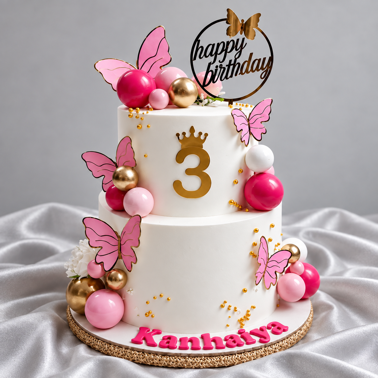Magical Pink Butterfly & Gold Spheres 3rd Birthday Cake