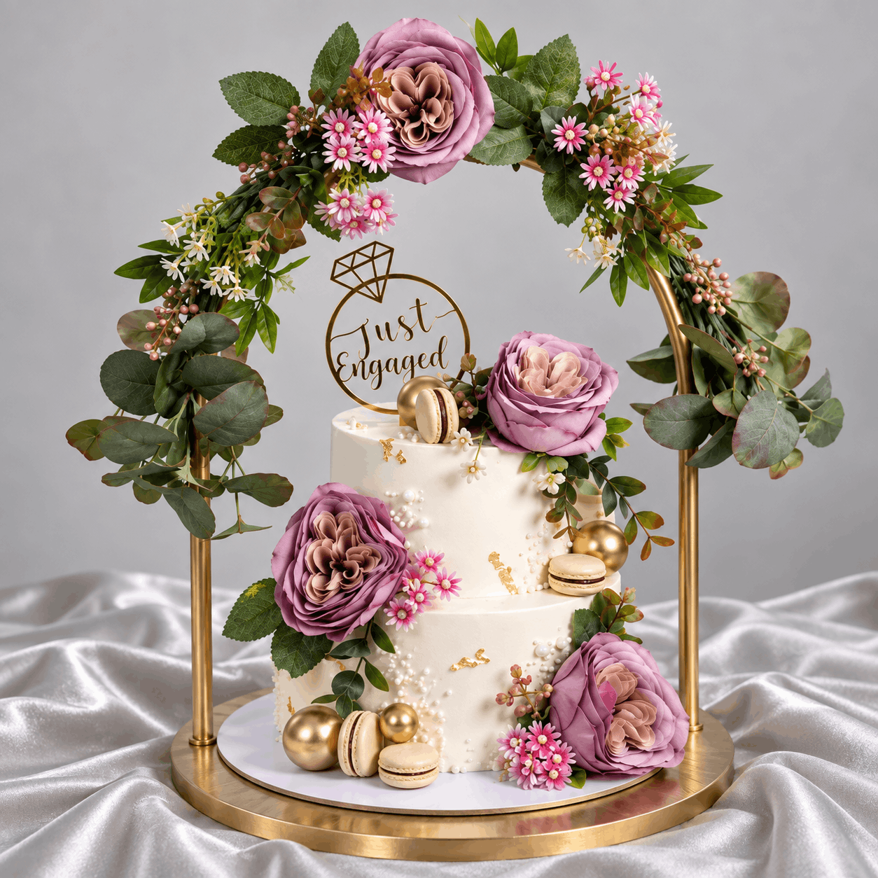 Elegant Floral Arch "Just Engaged" Celebration Cake