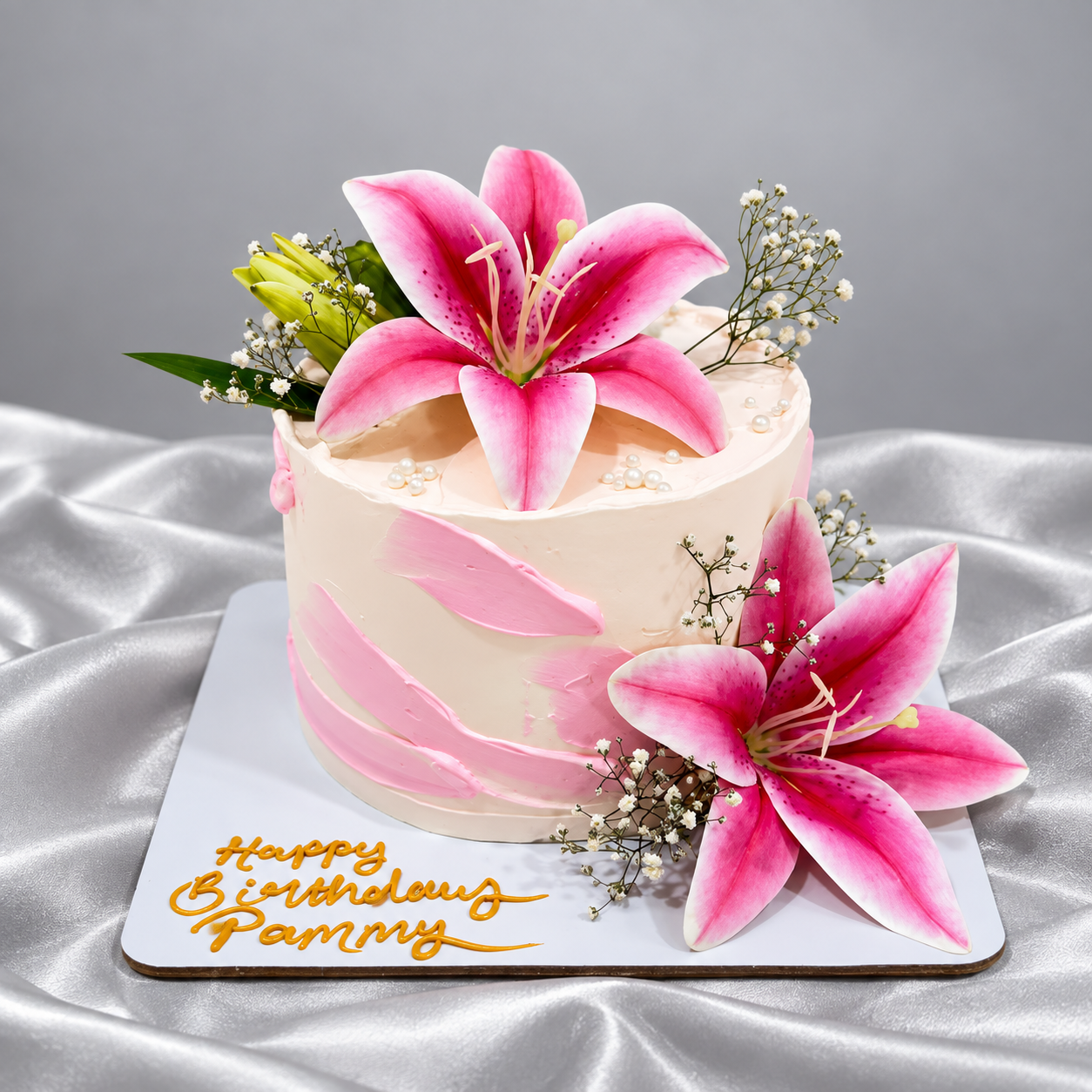 Elegant Pink Lily Floral Birthday Cake