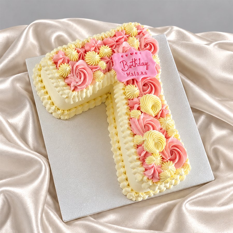 Pale Yellow and Pink Floral Number "7" Cake