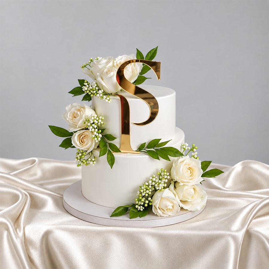 Elegant White Rose Monogram Cake