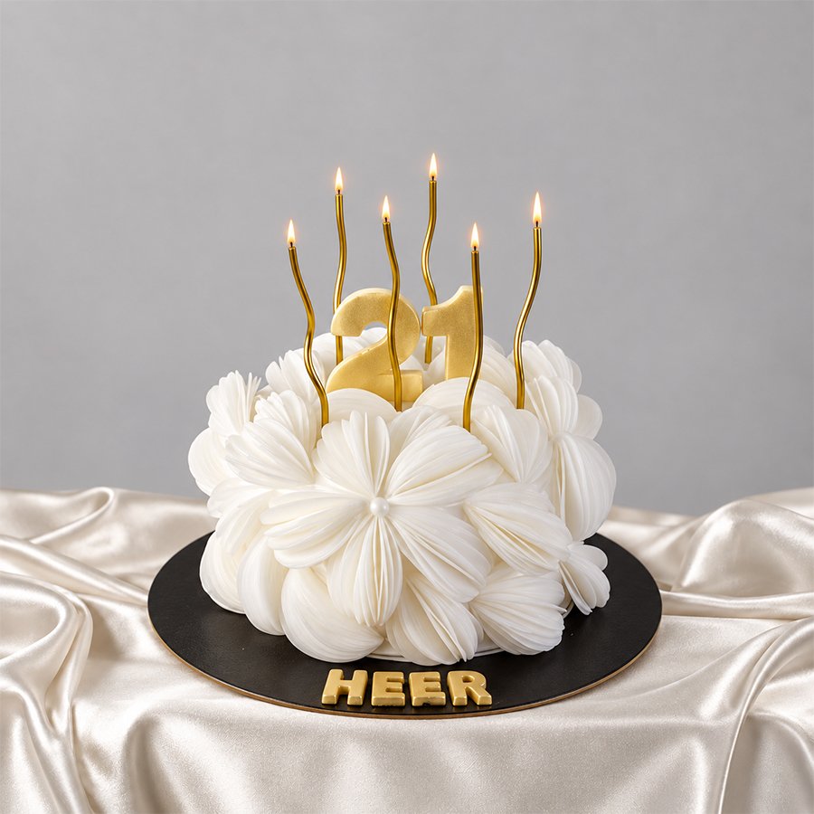 Elegant White Ruffle Floral 21st Birthday Cake