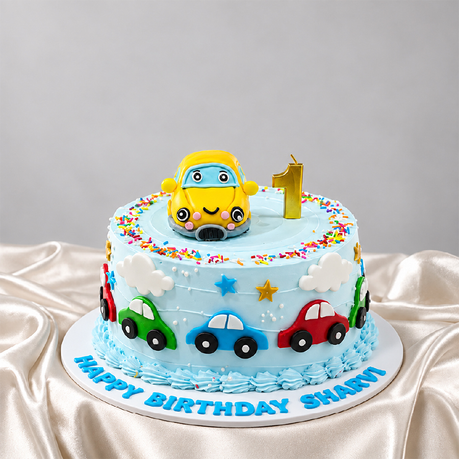 Cute Toy Cars 1st Birthday Celebration Cake