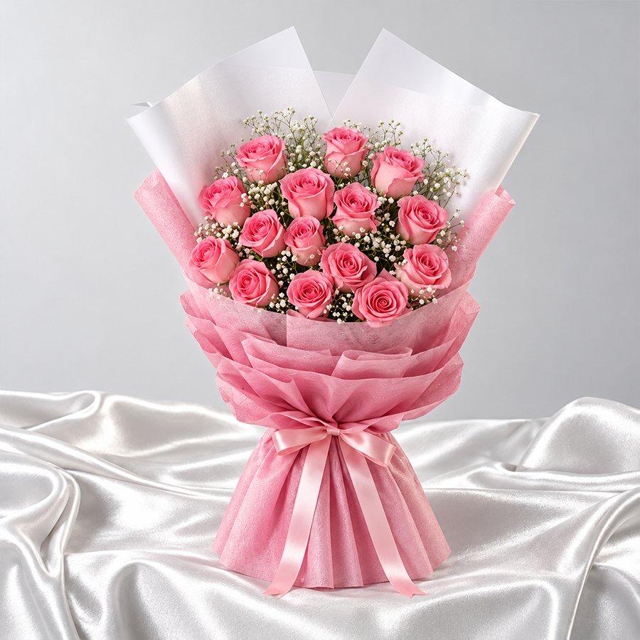 Pink Roses Bouquet with Baby’s Breath in Gurgaon – Premium Wrap