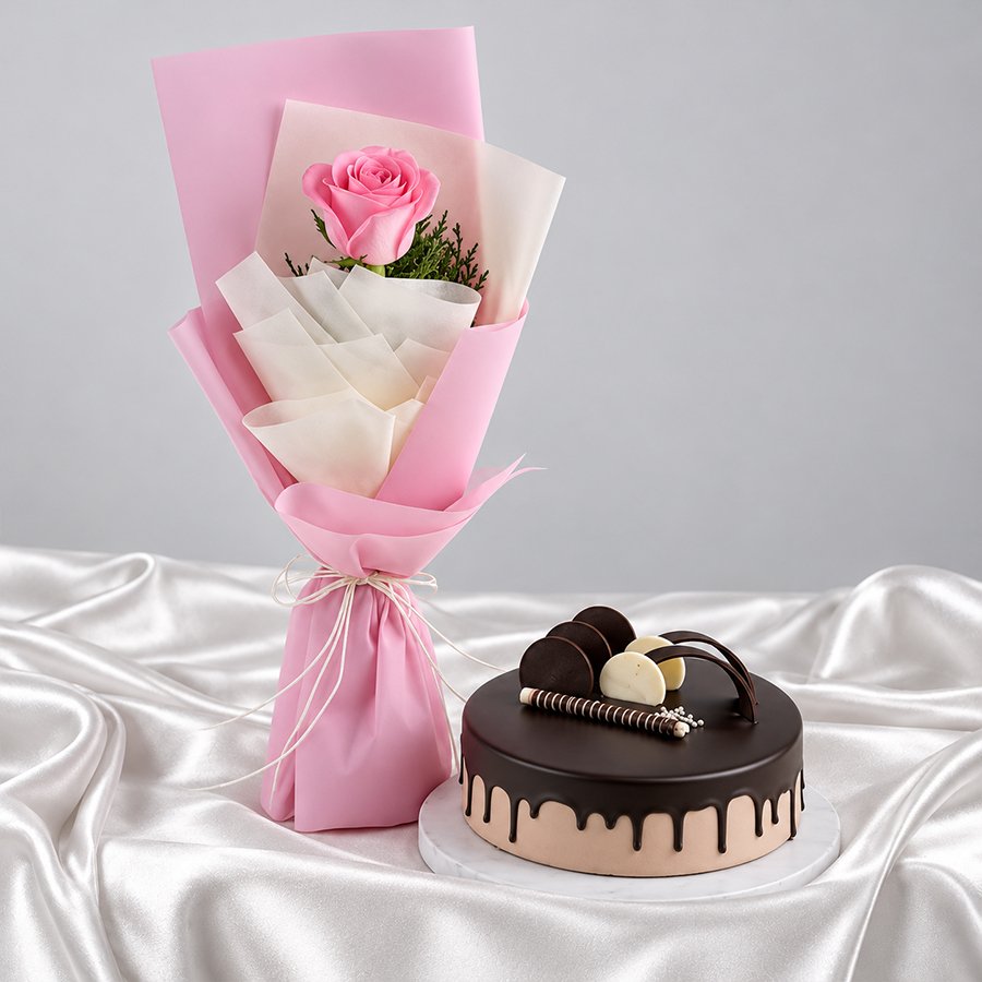 Pink Rose Bouquet & Chocolate Drip Cake Combo in Gurgaon