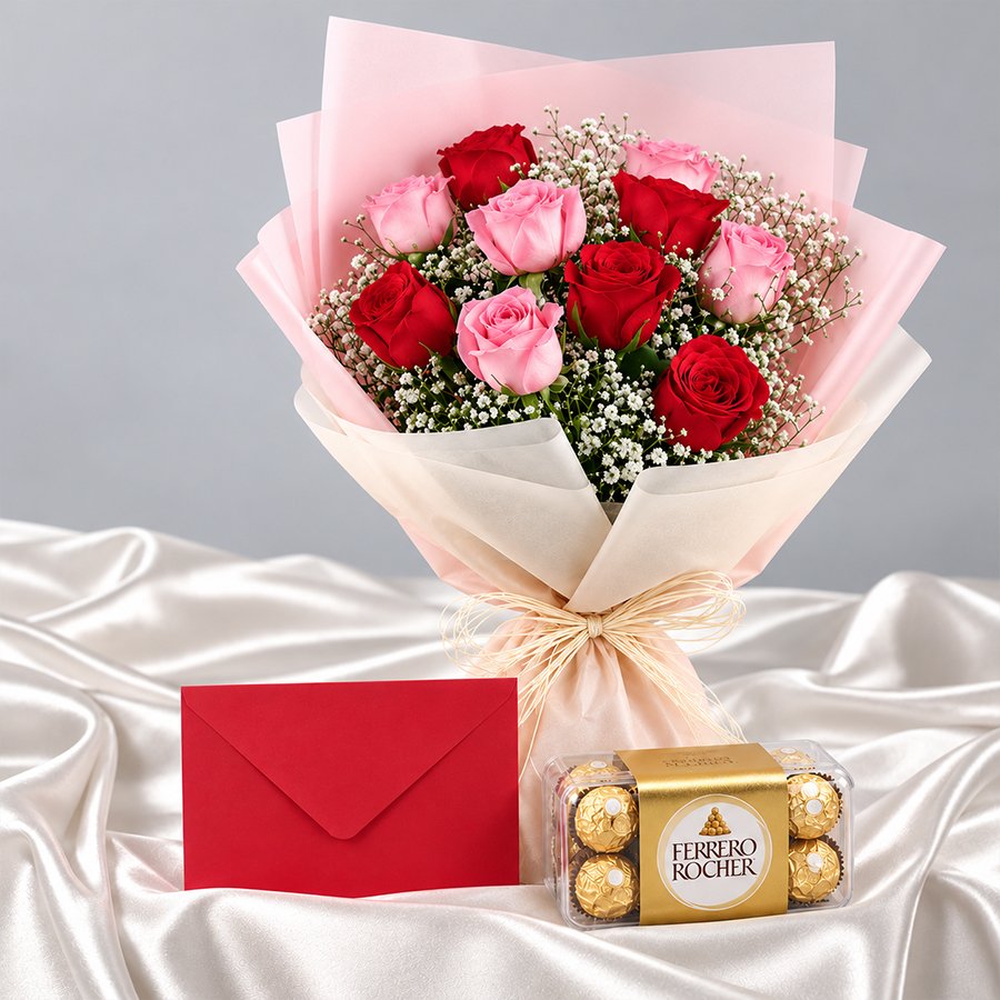 Red & Pink Roses with Ferrero Rocher & Card in Gurgaon