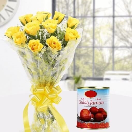 Yellow Roses With Gulab Jamun