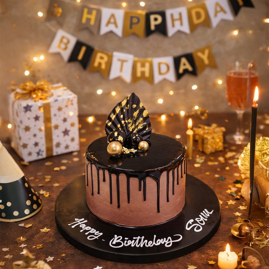 Midnight Black and Gold Chocolate Drip Cake