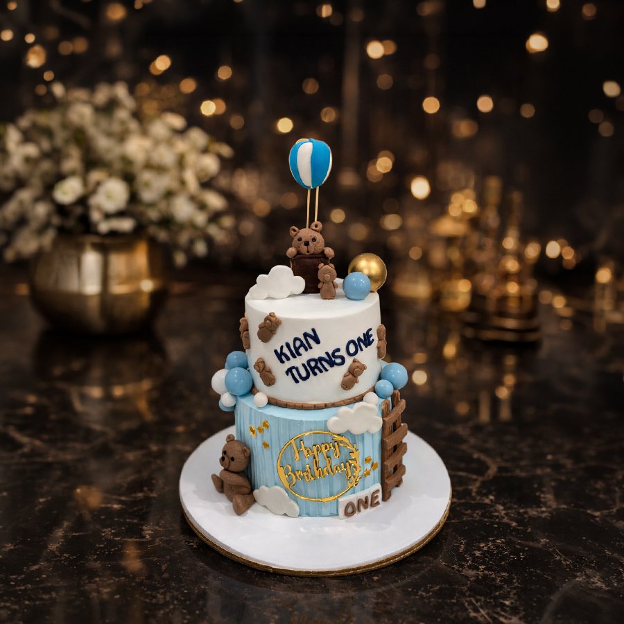 First Birthday Teddy Bear & Blue Balloon Cake