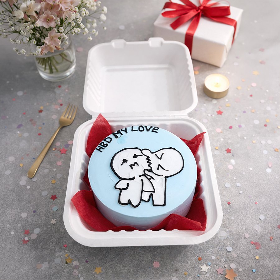 Cute Doodle Art "HBD My Love" Birthday Bento Cake