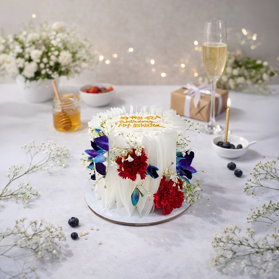 Luxury Floral White Ruffle Birthday Cake