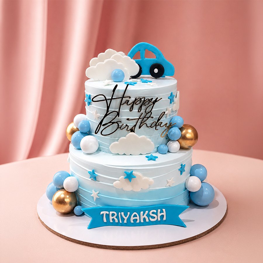 Blue Car Theme Two Tier Birthday Cake