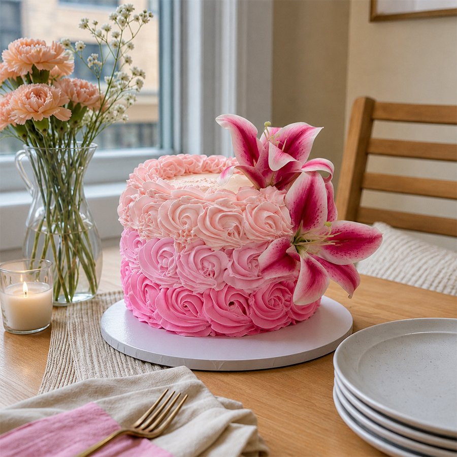 Pink Ombre Rosette Cake with Fresh Pink Lilies