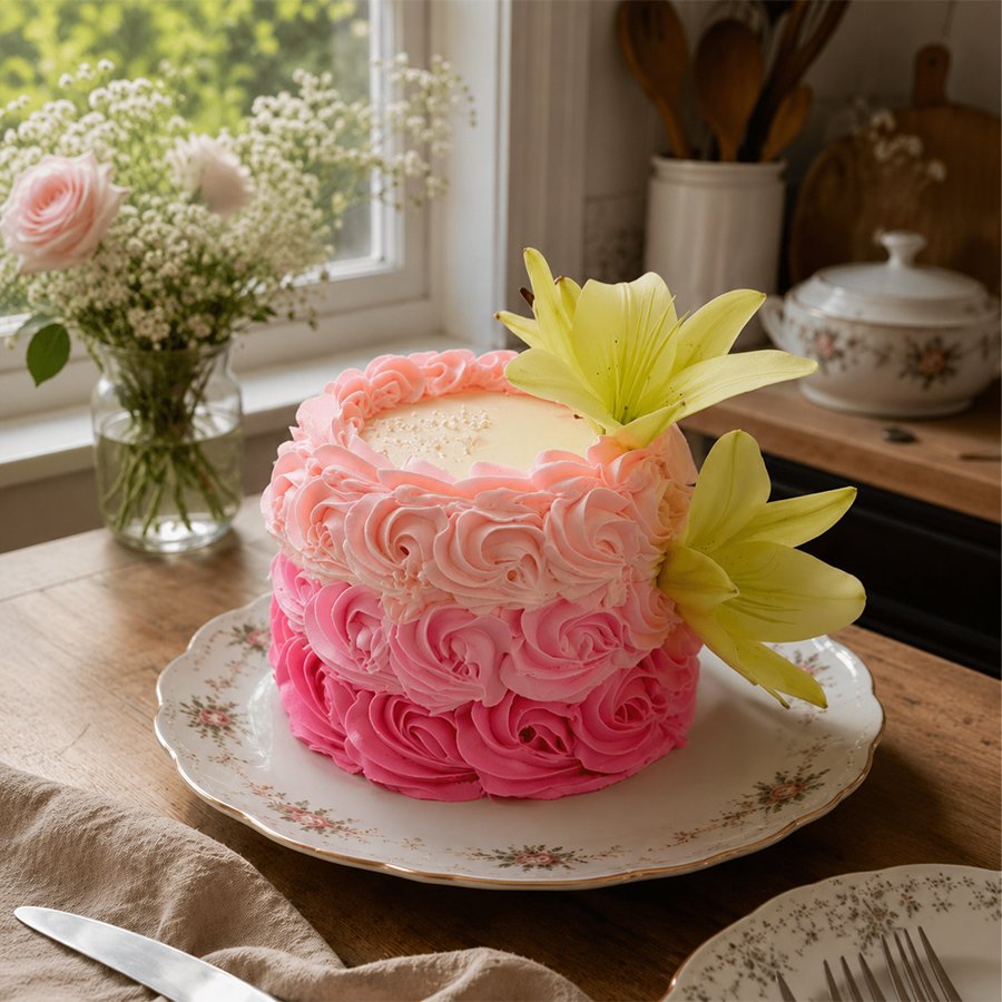 Pastel Pink Rosette Cake with Fresh Yellow Lilies
