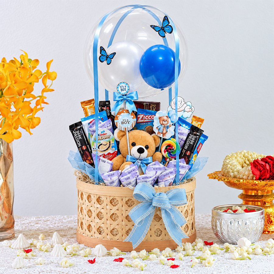 Welcome Baby Boy Chocolate, Bear & Cash Gift Basket
