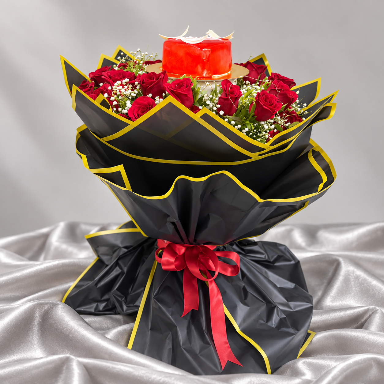 Ultimate Romance Red Rose Bouquet with Centerpiece Red Glaze Cake