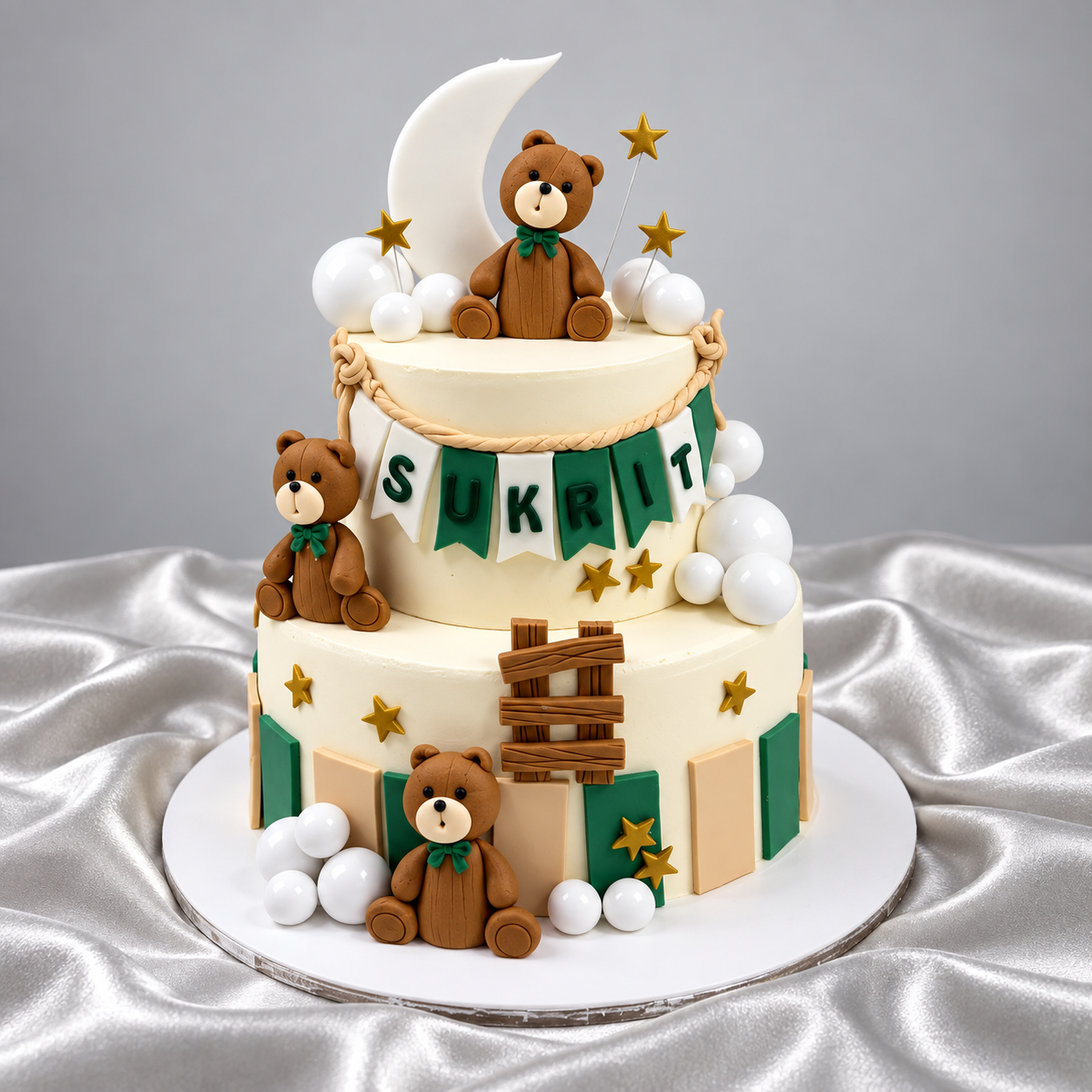 Teddy Bear & Moon Two-Tier Birthday Cake