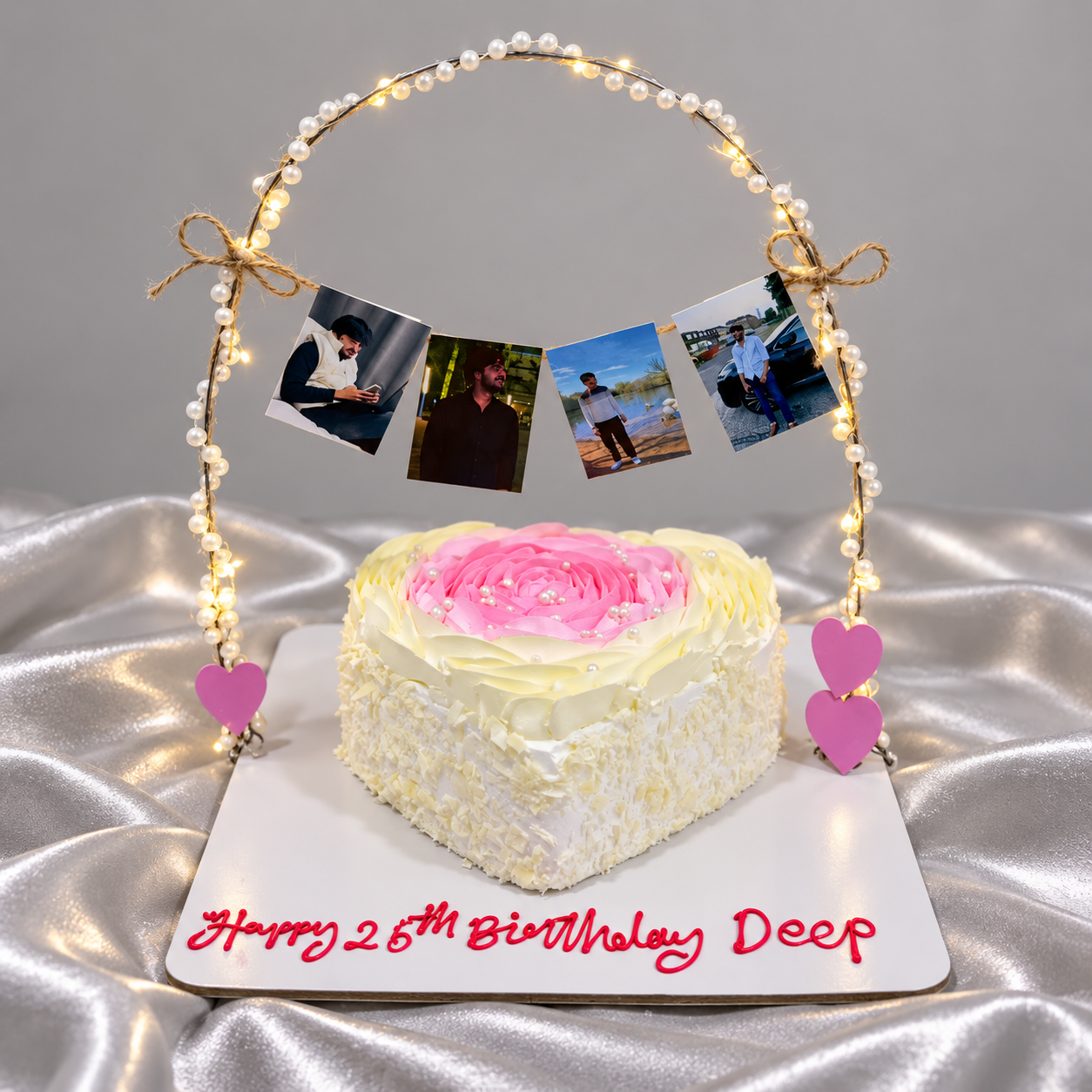 Heart-Shaped Rose Cake with Light-Up Photo Arch